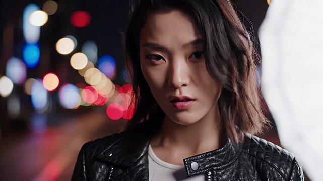 Assertive nighttime street portrait of a woman wearing a black leather jacket under city lights
