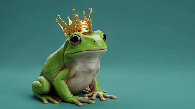 Royal Frog with a Golden Crown: A charismatic green frog, adorned with a regal golden crown, perches majestically, embodying the essence of royalty and charm.