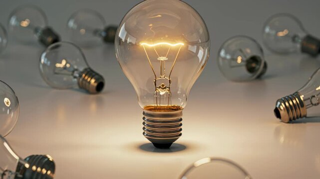 Illuminating Concept: A glowing light bulb stands out amidst a collection of dimmed bulbs, representing an idea, inspiration and solution. It evokes the spark of innovation and creative thinking.