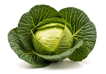 Fototapeta premium Fresh green cabbage head with tightly packed leaves showcasing its vibrant color isolated on white background