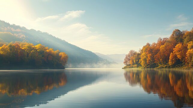 autumn fall seasonal nature landscape water reflection trees foliage mountains sunlight mist clouds sky blue calm peaceful serene still quiet autumnal colors vibrant golden orange