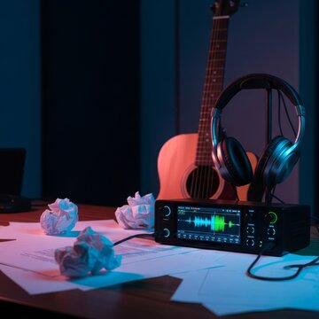 A dimly lit home studio desk cluttered with crumpled sheet paper, a wooden acoustic guitar, headphones, and a glowing digital interface, equipment, messy, weary