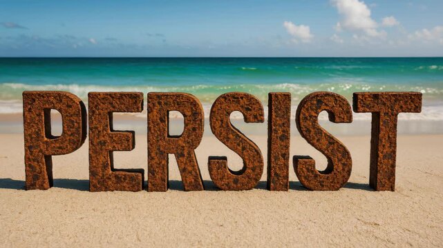 Persistent Message on the Beach: An empowering message of PERSIST stands bold in rustic letters on a tranquil beach, embodying the enduring spirit of perseverance against the scenic background.