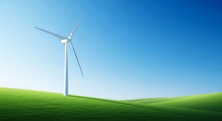 Fototapeta premium Large white wind turbines stand tall over rolling green hills and meadows during a clear sunny day, generating clean renewable power, meadow, alternative energy, sky
