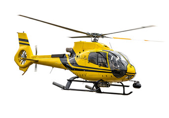Fototapeta premium Bright yellow rescue helicopter in mid-flight with landing skids visible isolated on white background