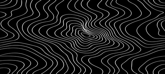 Obraz premium Abstract Topographic Line Pattern Background, Black and White Wavy Contour Lines, Optical Illusion Flow Design, Modern Minimal Geographic Map Texture.