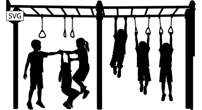 Children silhouette playing on monkey bars and rings, outdoor playground fun