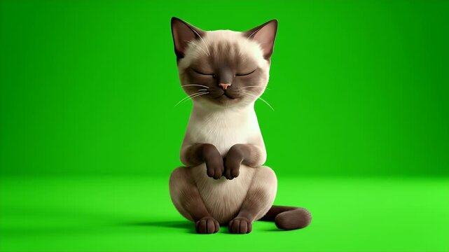 Adorable Siamese Cat Sits Patiently on a Vibrant Green Screen Background During a Studio Shoot with Soft Lighting and a Cheerful
