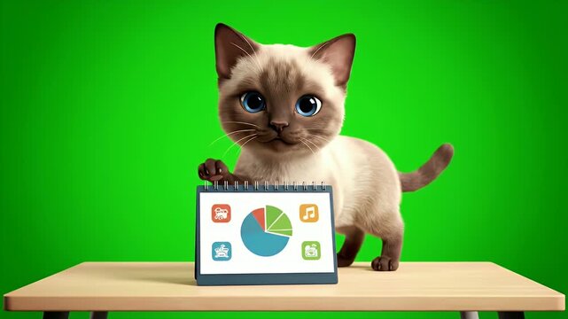 Charming Siamese Cat Animated Character Presenting a Pie Chart Infographic With Various Icons on a Table Against a Vibrant Green