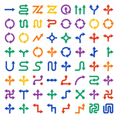 Fototapeta premium Vibrant flat vector set of various colorful directional arrows and navigation symbols for illustrating movement, choices, and system flow.