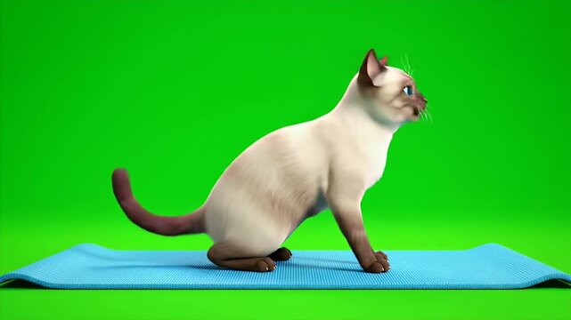 Siamese Cat in a Playful Pose on a Blue Mat Isolated on a Vibrant Green Screen Background Realistic 3D Render Detailed Fur