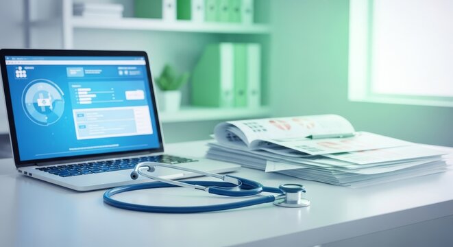 A stethoscope sits on a modern desk next to an open laptop and medical charts inside a bright professional healthcare office environment, clean, workspace, workplace