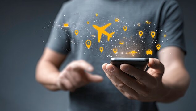 Man using phone with travel app, plane and location icons.