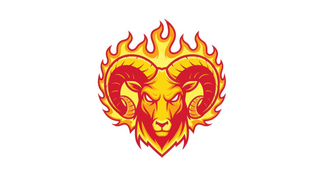Fiery Ram Head Mascot with Flaming Horns - Aggressive Animal Symbol