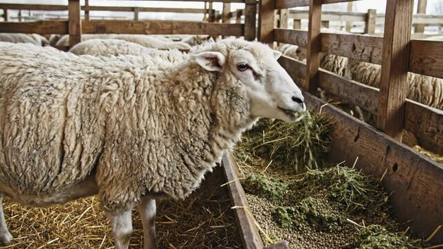 Sheep eating grain and green fodder in a wooden barn on a farm