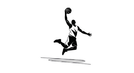 Silhouette of a basketball player dunking on a white background © Deni