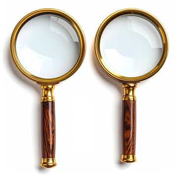 Two golden magnifying glasses with wooden handles on white surface tool to view objects enhancing details and improving readability focus on research