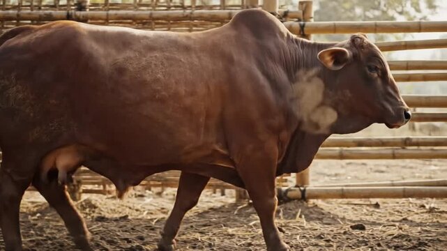 Muscular brown zebu bull walking in a bamboo enclosure on a farm