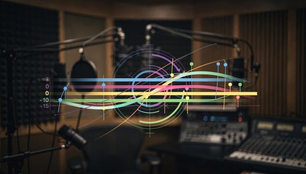 Clear focus on vibrant script annotations indicating vocal pacing in a professional recording booth surrounded by indistinct shapes of soundabsorbing materials and technical