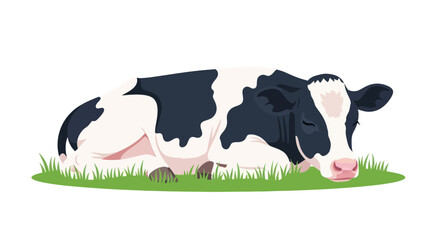 Black and white cow resting peacefully on green grass, illustration © Deni