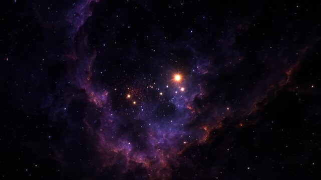 Celestial Symphony: A breathtaking cosmic panorama unfolds, revealing a vibrant nebula. Bathed in shades of amethyst and sapphire, speckled with shimmering stardust.