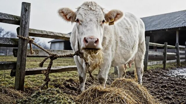 White Cow Eating Hay and Silage on a Rural Farm