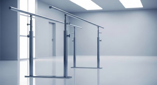 A set of metallic parallel bars stands in a bright physiotherapy room with a polished floor, reflecting light in a clinical environment, orthopedic, motion, equipment