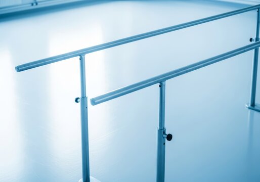 A set of metallic parallel bars sits on a polished clinic floor, designed for gait training and physical rehabilitation in a bright room, professional, stability, wellness