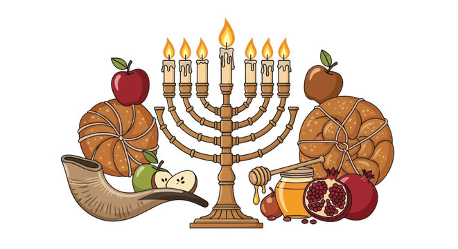 Rosh Hashanah Symbols: Menorah, Shofar, Apples, Honey, Pomegranates, and Challah Bread