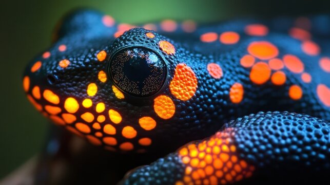 Close-up of a vibrant poison dart frog with black skin and bright orange spots