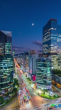 Vertical Timelapse, Traffic at night in Gangnam Business district.Seoul City, South Korea