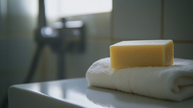 A bar of soap rests on a white towel, bathroom shower head blurred in background