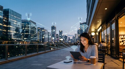 Fototapeta premium Woman using a digital tablet in a city with digital network connection overlays