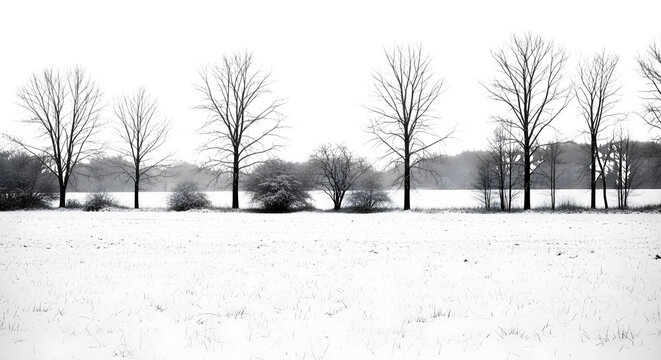 Silhouetted trees in winter landscape isolated on transparent background