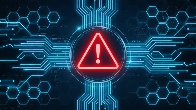 Blue Digital Warning Symbol on Cyber Security Circuit Board, Glowing Red Alert Triangle with Hexagon Pattern, Futuristic Network Interface Background