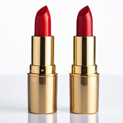 Obraz premium Two shiny red lipsticks in gold tubes stand vertically on a reflective surface perfect for beauty and cosmetic concepts presented in a studio style