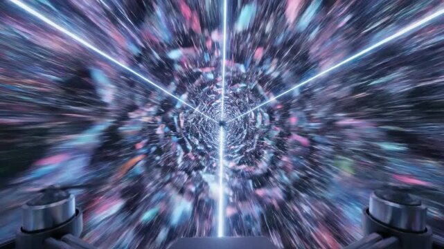 FPV flight through a colorful abstract hyperspace warp tunnel