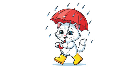 Naklejka premium Cute white kitten with umbrella and yellow boots walking in the rain