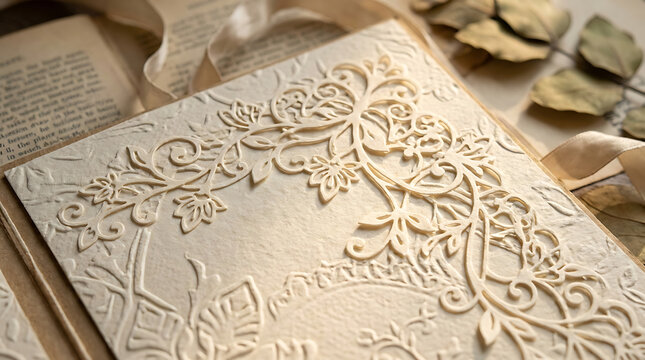Intricately Embossed Floral Paper Card Design with Vintage Lace Details