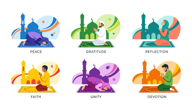 Illustrative set showcasing individuals engaged in Islamic prayer, reflecting spiritual virtues like serenity, appreciation, belief, communal harmony, and devout dedication