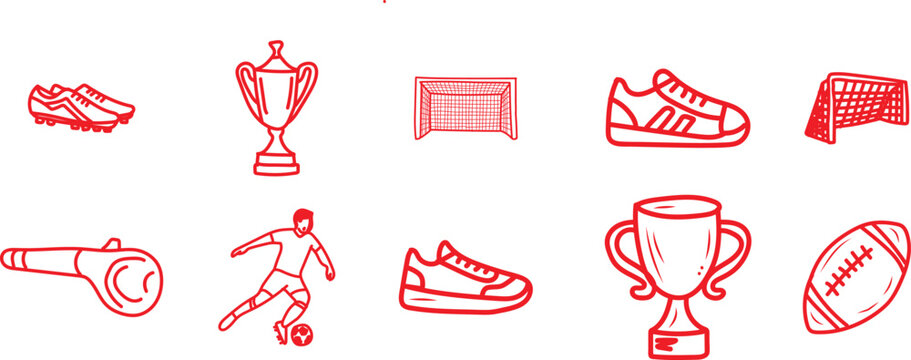 A comprehensive and visually engaging collection of meticulously hand-drawn red outline sports icons featuring a wide array of athletic equipment and game elements, thoughtfully presented with a charm