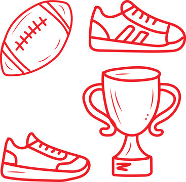 This vibrant vector illustration presents a cohesive collection of iconic sports-related elements, meticulously rendered with bold red outlines, featuring a classic American football, two distinct ath