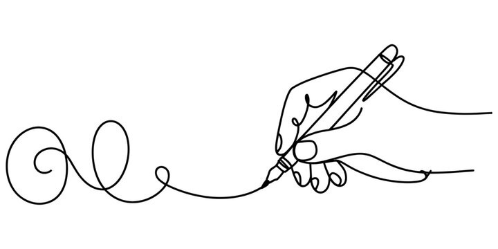 A single continuous line drawing of a human hand holding a pen and creating a swirling pattern