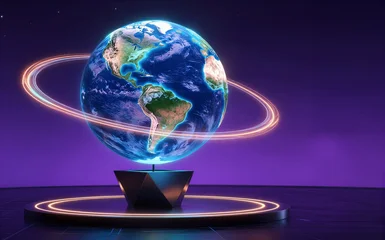 Futuristic Earth globe on glowing pedestal orbiting light rings © joeycheung