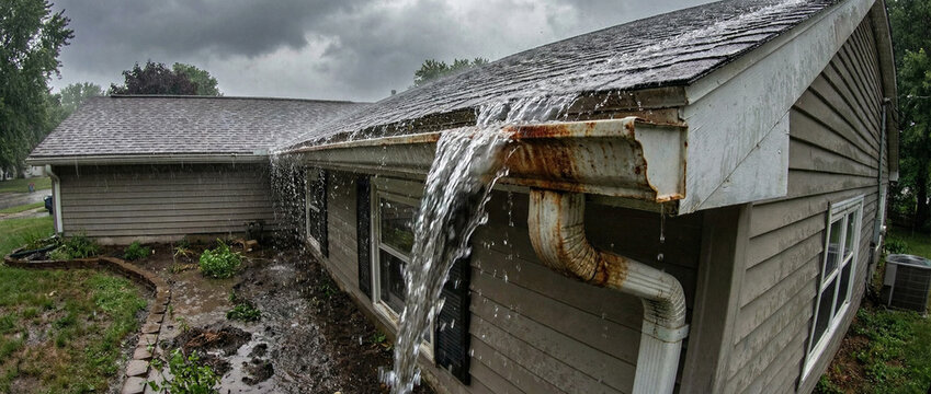 Heavy rain pouring from an overflowing, rusted and clogged roof gutter during a severe thunderstorm. Home maintenance and property damage concept.