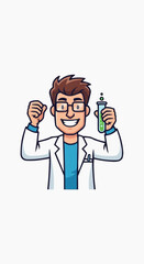 Fototapeta premium A scientist holding a test tube with a green liquid, celebrating a scientific breakthrough. The illustration captures a moment of discovery and excitement in the field of science