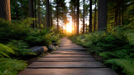Obraz premium A serene wooden path leading through a sunlit forest, offering a tranquil nature scene