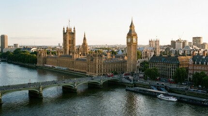Fototapeta premium London, expansive skyline in clear daylight, gothic revival stonework along the river, the clock tower and parliament facade glowing in low sun, featuring london, exterior, stone, victorian, subtle