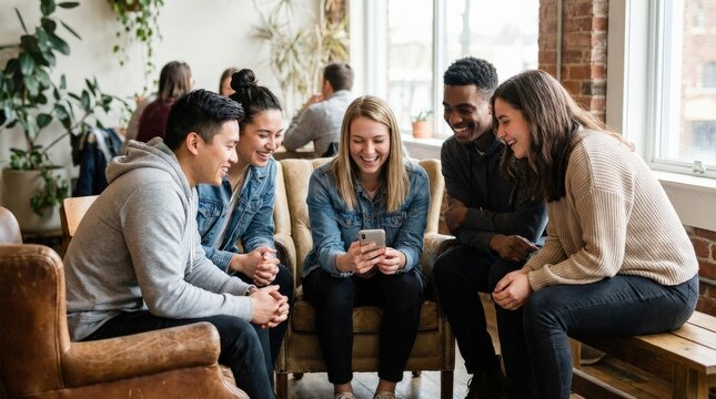Group of young people sitting together and looking at a mobile phone, shared digital moment with happy expressions, casual modern atmosphere, soft cafe or office blur, social connection theme,