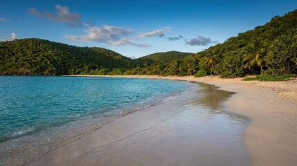 Obraz premium Virgin Islands Beach, pristine tropical shoreline under bright coastal light, turquoise Caribbean water washing onto pale sand, gentle clouds and lush hills framing the secluded shore, featuring sea,